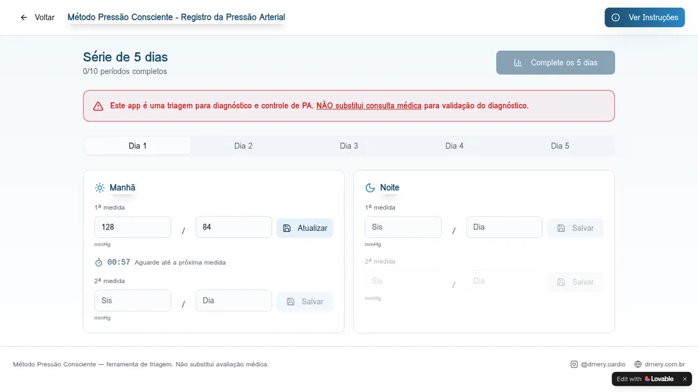Tela de medição do aplicativo com timer de 1 minuto entre as medidas